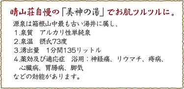 晴山荘自慢の「美人の湯」でお肌ツルツルに。/ 源泉は箱根山中最も古い湯井に属し、1.泉質 アルカリ性単純泉、2.泉温 摂氏73度、3.湧出量 1分間135リットル、4.薬効及び適応症 浴用：神経痛・リウマチ・痔病・心臓病・胃腸病・脚気、などの効能があります。